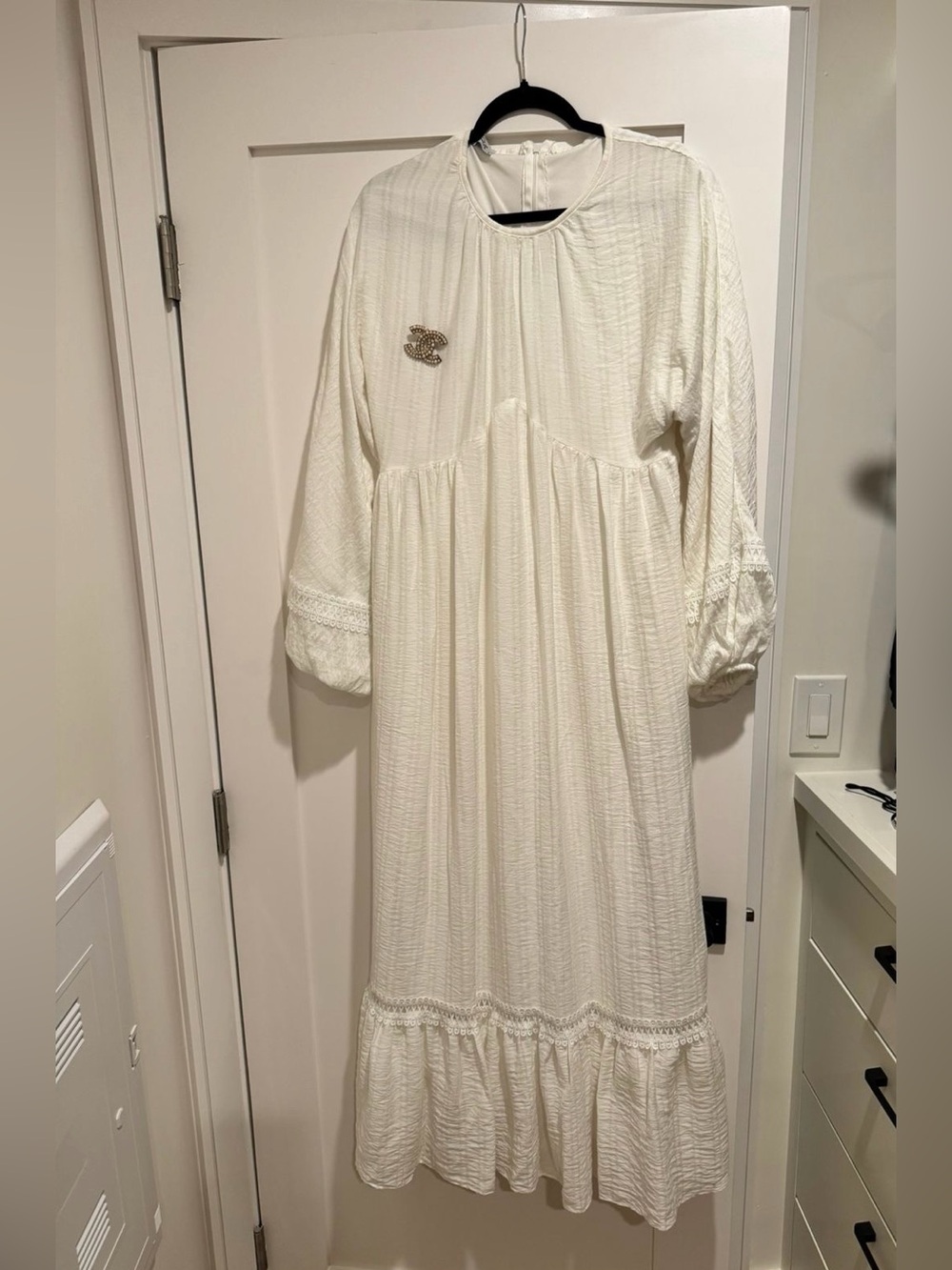 White Long Sleeve Maxi Dress with Brooch for Modest Woman